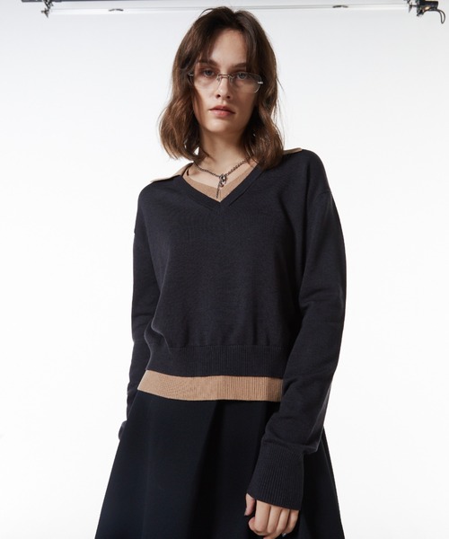 セール】MOON LAYERED VNECK KNIT/ムーンレイヤードブイネックニット