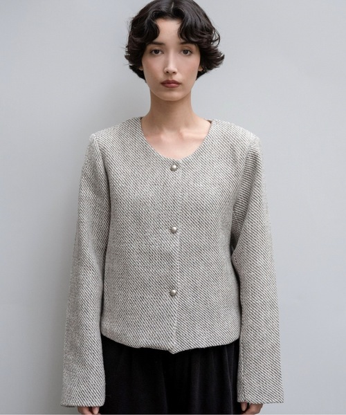 lawgy（ラウジー）の「tweed button point nocollar jacket / ツイードボタンポイントノーカラージャケット（ノーカラージャケット・レディース・ホワイト/ブラック・FREE）」の2枚目の写真
