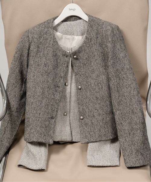 lawgy（ラウジー）の「tweed button point nocollar jacket / ツイードボタンポイントノーカラージャケット（ノーカラージャケット・レディース・ホワイト/ブラック・FREE）」の3枚目の写真