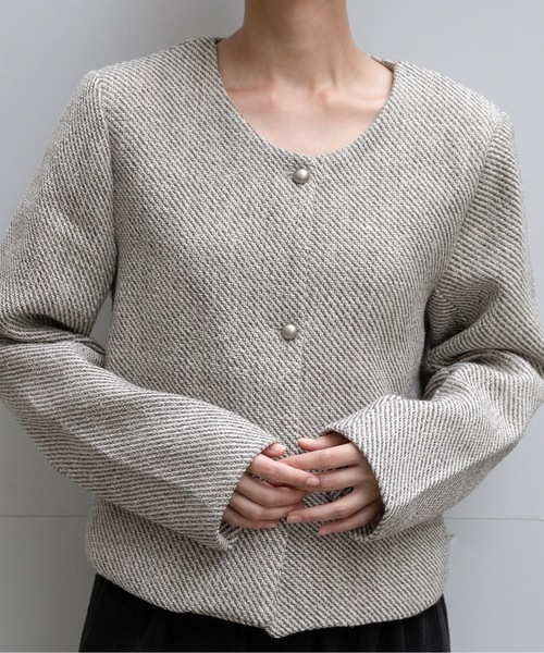 lawgy（ラウジー）の「tweed button point nocollar jacket / ツイードボタンポイントノーカラージャケット（ノーカラージャケット・レディース・ホワイト/ブラック・FREE）」の4枚目の写真