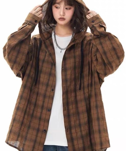 lulufa(ルルファ)の「オーバーサイズ フード付きチェックシャツ 長袖/ルーズシルエット ユニセックス(シャツ/ブラウス・メンズ・ブルー/グレー/ブラウン・MEDIUM/LARGE)」の3枚目の写真