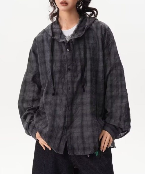 lulufa(ルルファ)の「オーバーサイズ フード付きチェックシャツ 長袖/ルーズシルエット ユニセックス(シャツ/ブラウス・メンズ・ブルー/グレー/ブラウン・MEDIUM/LARGE)」の2枚目の写真