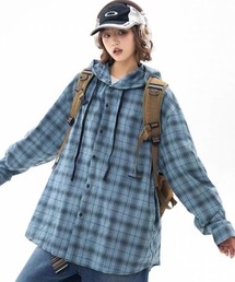 lulufa（ルルファ）の「オーバーサイズ フード付きチェックシャツ 長袖／ルーズシルエット ユニセックス（シャツ/ブラウス）」