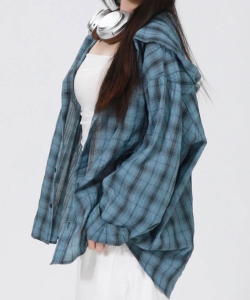lulufa(ルルファ)の「オーバーサイズ フード付きチェックシャツ 長袖/ルーズシルエット ユニセックス(シャツ/ブラウス・メンズ・ブルー/グレー/ブラウン・MEDIUM/LARGE)」の17枚目の写真