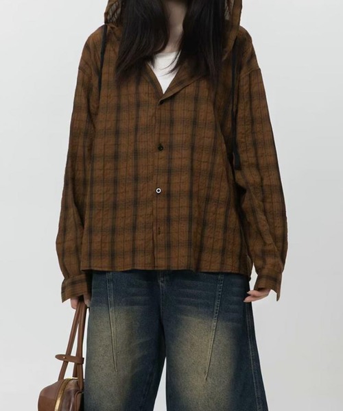 lulufa(ルルファ)の「オーバーサイズ フード付きチェックシャツ 長袖/ルーズシルエット ユニセックス(シャツ/ブラウス・メンズ・ブルー/グレー/ブラウン・MEDIUM/LARGE)」の21枚目の写真