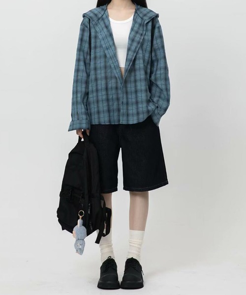 lulufa(ルルファ)の「オーバーサイズ フード付きチェックシャツ 長袖/ルーズシルエット ユニセックス(シャツ/ブラウス・メンズ・ブルー/グレー/ブラウン・MEDIUM/LARGE)」の14枚目の写真