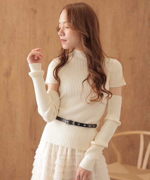 SUWDEE(スーディー)の「arm warmers short sleeve rib knit(ニット/セーター・レディース・アイボリー/ブラック/ブラウン/レッド/オレンジ・FREE)」の2枚目の写真