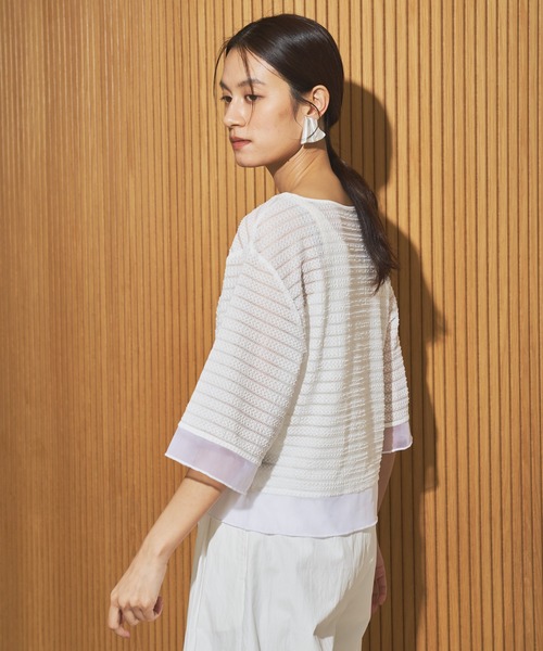 audrey and john wad(オードリーアンドジョンワッド)の「ストレッチレースボーダー柄半袖カットソー(Tシャツ/カットソー・レディース・ホワイト/ブラック・FREE)」の4枚目の写真