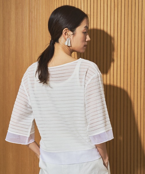 audrey and john wad(オードリーアンドジョンワッド)の「ストレッチレースボーダー柄半袖カットソー(Tシャツ/カットソー・レディース・ホワイト/ブラック・FREE)」の5枚目の写真