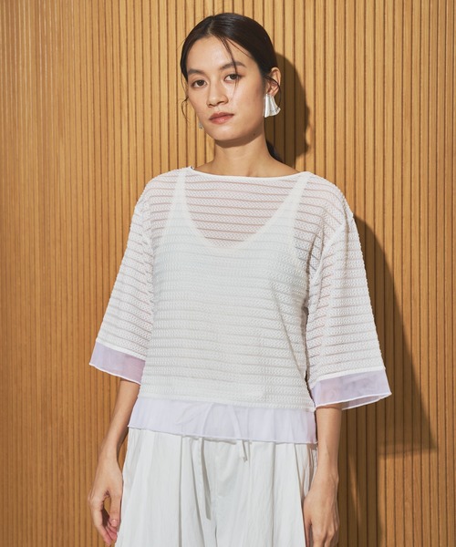 audrey and john wad(オードリーアンドジョンワッド)の「ストレッチレースボーダー柄半袖カットソー(Tシャツ/カットソー・レディース・ホワイト/ブラック・FREE)」の6枚目の写真
