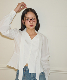 V-neck Tie Cotton Blouse_ White