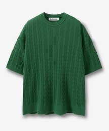BLOND9（ブロンドナイン）の「ケーブルパンチング半袖ラウンドニット_フォレストグリーン（ニット/セーター）」