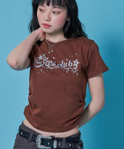 SEQUENZ（シークエンズ）の「※WEB限定 / サイドシャーリング / レディースラメプリントTシャツ /sqnz side shearing glitter tee（Tシャツ/カットソー・レディース・ブラウン/ホワイト/グリーン系その他3/ブラック・MEDIUM/SMALL）」の9枚目の写真