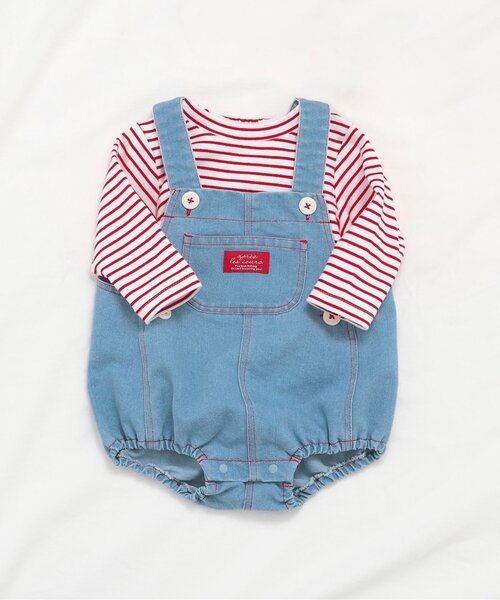apres les cours(アプレレクール)の「配色ステッチサロペット+Tシャツセット(その他ベビーウェア・キッズ・アイボリー/インディゴブルー・80/70)」の1枚目の写真