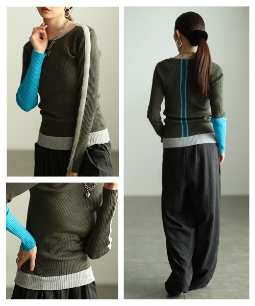 Sawa a la mode(サワアラモード)の「アシンメトリーカラーブロックリブニットトップス(ニット/セーター・レディース・チャコールグレー/ブラック・FREE)」の7枚目の写真