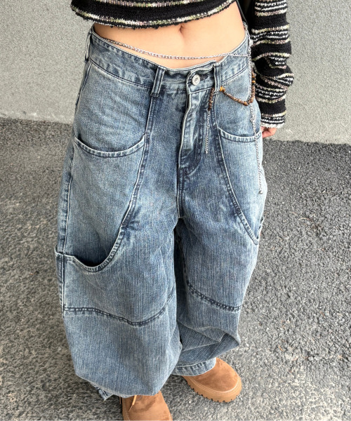 eastserviceshop(イーストサービスショップ)の「ガーデニングデニムワイドパンツ - インディゴブラウン(デニムパンツ・レディース・ダークブルー・50/48/46)」の2枚目の写真
