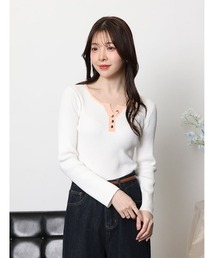 配色ヘンリーネックニット