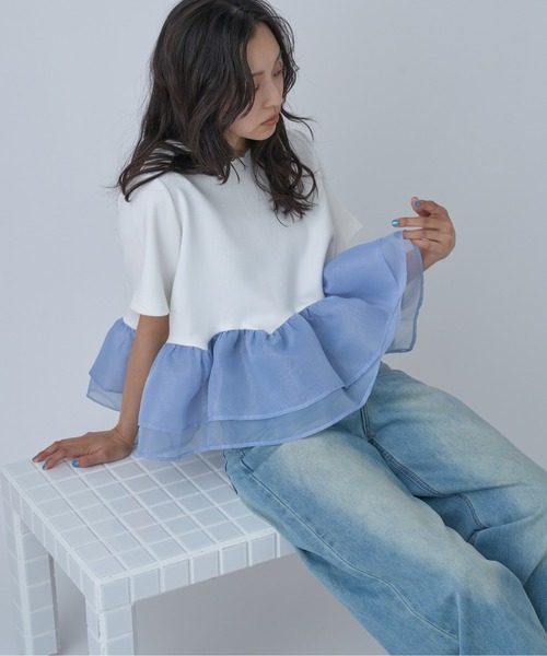 OFROOM(オフルーム)の「Sheer Peplum Short Sleeve Top|シアーペプラムショートスリーブトップス(Tシャツ/カットソー・レディース・ブラック系/グレー系/アイボリー/ブラック/ブラック系1/ホワイト系1/ホワイト系・FREE)」の2枚目の写真