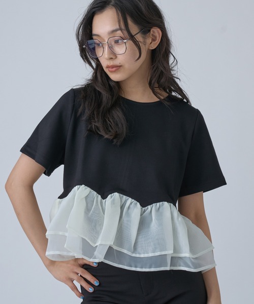 OFROOM(オフルーム)の「Sheer Peplum Short Sleeve Top|シアーペプラムショートスリーブトップス(Tシャツ/カットソー・レディース・ブラック系/グレー系/アイボリー/ブラック/ブラック系1/ホワイト系1/ホワイト系・FREE)」の5枚目の写真