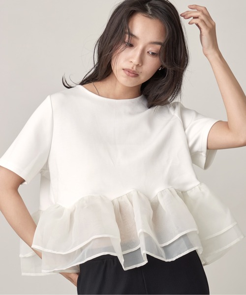 OFROOM(オフルーム)の「Sheer Peplum Short Sleeve Top|シアーペプラムショートスリーブトップス(Tシャツ/カットソー・レディース・ブラック系/グレー系/アイボリー/ブラック/ブラック系1/ホワイト系1/ホワイト系・FREE)」の9枚目の写真