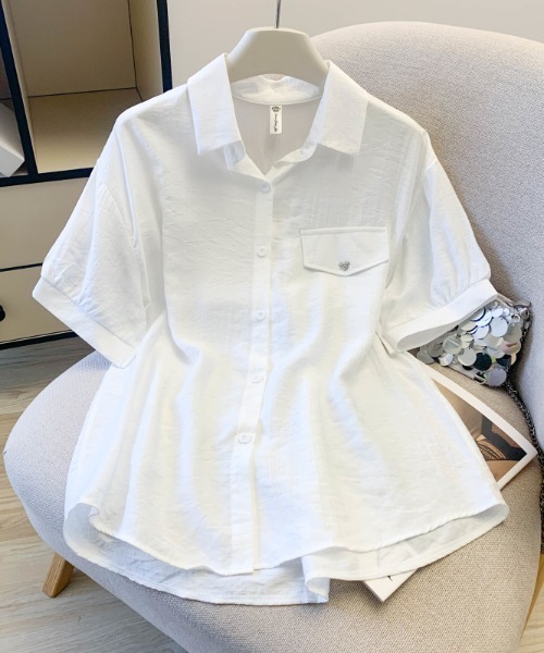 LUCPY(ラクピー)の「半袖ペプラムシャツ(シャツ/ブラウス・レディース・ライトブルー/ホワイト・X-LARGE/LARGE/MEDIUM/SMALL)」の1枚目の写真