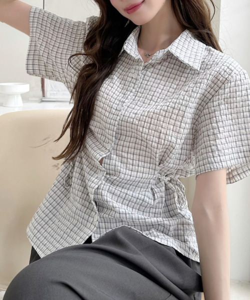 Ada.(エイダ)の「レトロガーリー サイドリボン ギンガムチェック シャツ(シャツ/ブラウス・レディース・ホワイト/ピンク/ベージュ/ブルー・FREE)」の3枚目の写真
