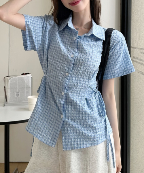 Ada.(エイダ)の「レトロガーリー サイドリボン ギンガムチェック シャツ(シャツ/ブラウス・レディース・ホワイト/ピンク/ベージュ/ブルー・FREE)」の9枚目の写真