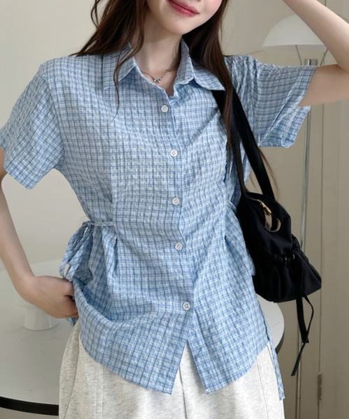 Ada.(エイダ)の「レトロガーリー サイドリボン ギンガムチェック シャツ(シャツ/ブラウス・レディース・ホワイト/ピンク/ベージュ/ブルー・FREE)」の10枚目の写真