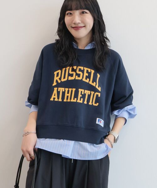 RUSSELL(ラッセル)の「【RUSSELL】ロゴ半袖スウェット(スウェット・レディース・ネイビー/杢グレー・FREE)」の1枚目の写真