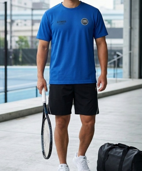 K-SWISS(ケースイス)の「【K-SWISS/ケースイス】ドライワッフルプリントクルーTシャツ/クルーネック 吸汗速乾 ストレッチ スポーツ カジュアル 春夏(Tシャツ/カットソー・メンズ・ブラック/ブルー/ネイビー・X-LARGE/LARGE/MEDIUM)」の1枚目の写真
