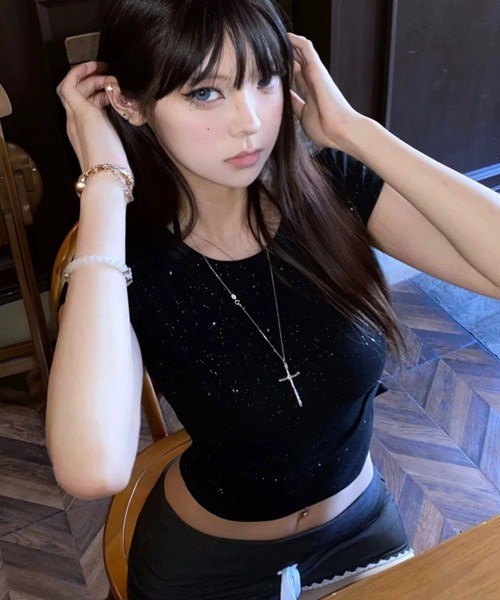 ViViDAY(ビビデー)の「ラメ入りショートtシャツ(Tシャツ/カットソー・レディース・ホワイト/ブラック・M)」の11枚目の写真