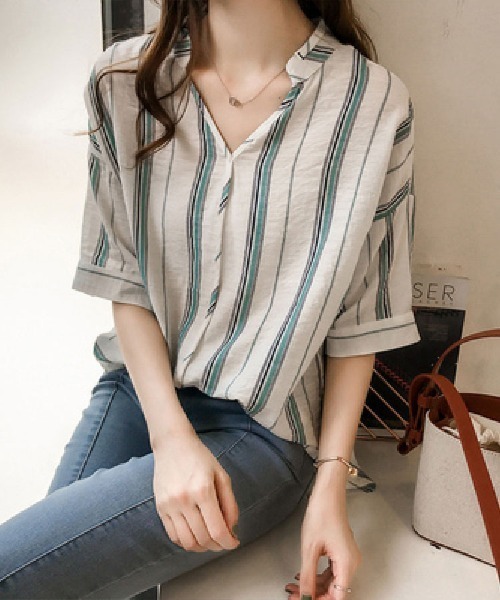 Flugge(フラッジー)の「ストライプスキッパーブラウス(シャツ/ブラウス・レディース・グリーン・MEDIUM/LARGE)」の1枚目の写真