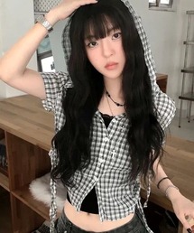 サイドドロストフーディー半袖チェックシャツ