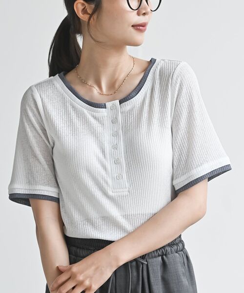 rps(アールピーエス)の「シアーリブレイヤード風半袖T(Tシャツ/カットソー・レディース・サックスブルー/ブラック/オフホワイト/ダークブラウン・フリー)」の2枚目の写真