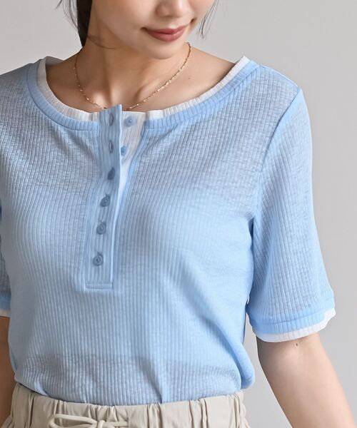 rps(アールピーエス)の「シアーリブレイヤード風半袖T(Tシャツ/カットソー・レディース・サックスブルー/ブラック/オフホワイト/ダークブラウン・フリー)」の6枚目の写真