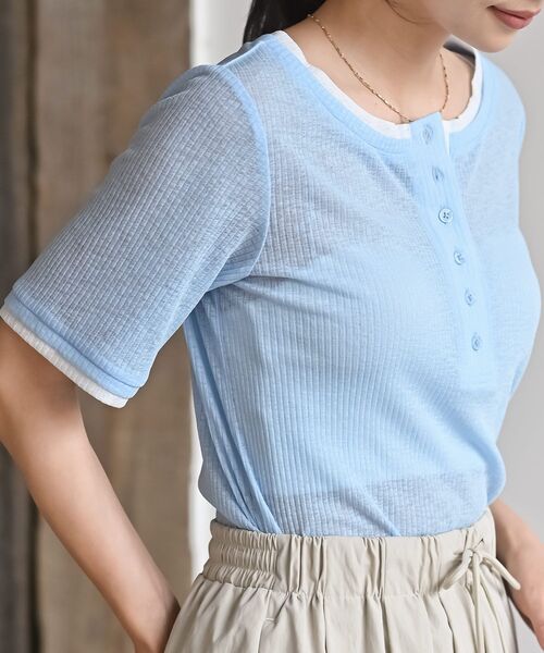 rps(アールピーエス)の「シアーリブレイヤード風半袖T(Tシャツ/カットソー・レディース・サックスブルー/ブラック/オフホワイト/ダークブラウン・フリー)」の7枚目の写真