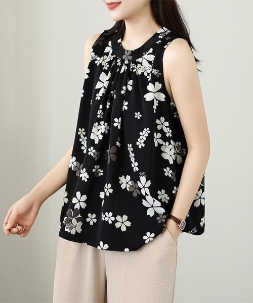 ONEP STAR(ワンピスター)の「花柄ギャザーノースリーブブラウス(シャツ/ブラウス・レディース・ブラック/ホワイト・MEDIUM/LARGE/X-LARGE)」の8枚目の写真