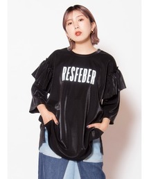 ロゴプリントショルダーフリルTシャツ
