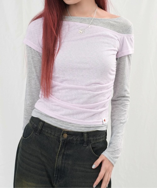 sedacle girl(セダクルガール)の「アシメレイヤードトップスセット(Tシャツ/カットソー・レディース・イエロー/ピンク/ブラウン・MEDIUM/SMALL)」の3枚目の写真
