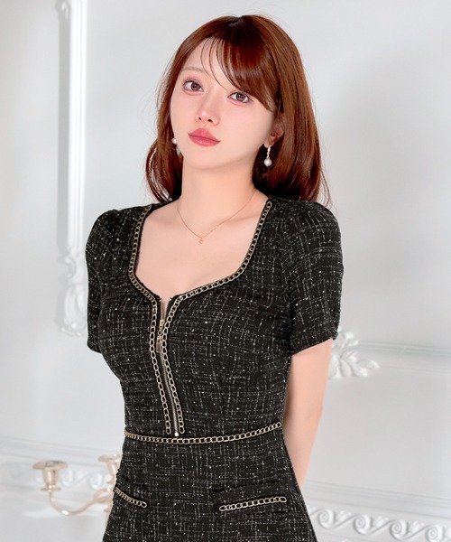 DAZZY(デイジー)の「谷間ジッププリーツツイードAラインミニ丈キャバドレス(ドレス・レディース・ブラック系2/アイボリー・S/M/L)」の10枚目の写真
