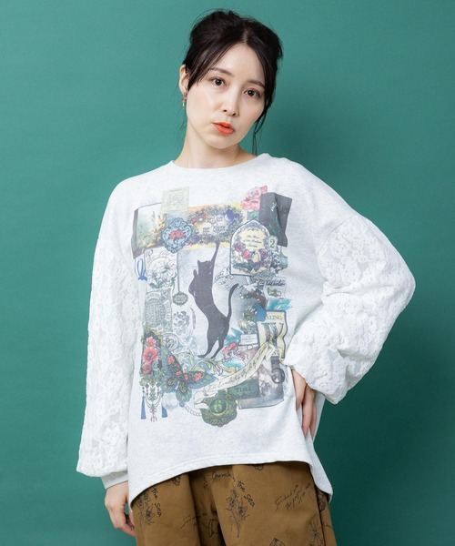 iS ScoLar(イズスカラー)の「563229:黒猫コラージュ柄 袖レース重ねプルオーバー(Tシャツ/カットソー・レディース・オートミール/チャコールグレー/ブラウン・M)」の1枚目の写真