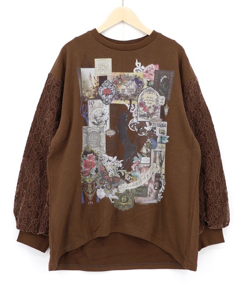iS ScoLar(イズスカラー)の「563229:黒猫コラージュ柄 袖レース重ねプルオーバー(Tシャツ/カットソー・レディース・オートミール/チャコールグレー/ブラウン・M)」の3枚目の写真