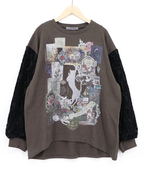 iS ScoLar(イズスカラー)の「563229:黒猫コラージュ柄 袖レース重ねプルオーバー(Tシャツ/カットソー・レディース・オートミール/チャコールグレー/ブラウン・M)」の2枚目の写真