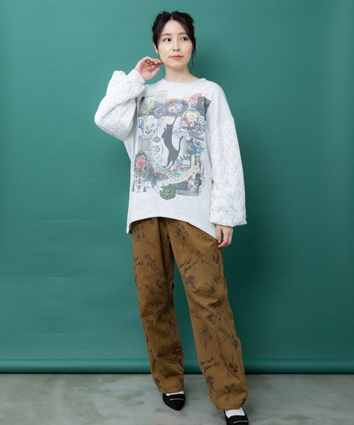 iS ScoLar(イズスカラー)の「563229:黒猫コラージュ柄 袖レース重ねプルオーバー(Tシャツ/カットソー・レディース・オートミール/チャコールグレー/ブラウン・M)」の5枚目の写真