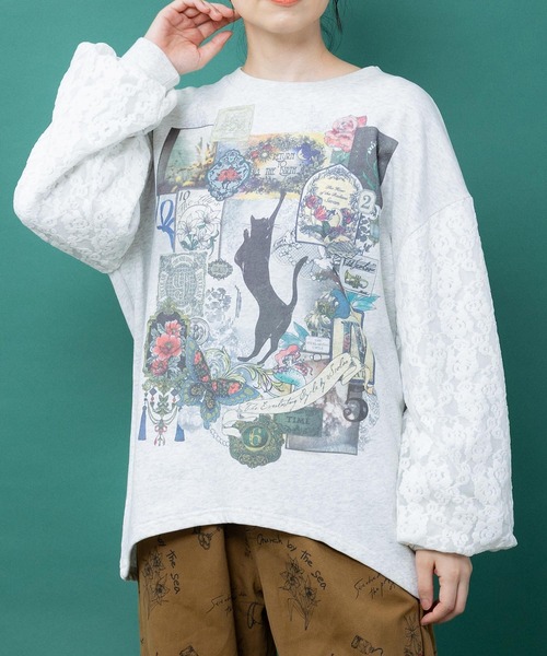 iS ScoLar(イズスカラー)の「563229:黒猫コラージュ柄 袖レース重ねプルオーバー(Tシャツ/カットソー・レディース・オートミール/チャコールグレー/ブラウン・M)」の10枚目の写真