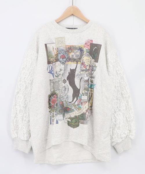 iS ScoLar(イズスカラー)の「563229:黒猫コラージュ柄 袖レース重ねプルオーバー(Tシャツ/カットソー・レディース・オートミール/チャコールグレー/ブラウン・M)」の11枚目の写真