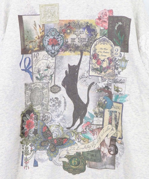 iS ScoLar(イズスカラー)の「563229:黒猫コラージュ柄 袖レース重ねプルオーバー(Tシャツ/カットソー・レディース・オートミール/チャコールグレー/ブラウン・M)」の13枚目の写真