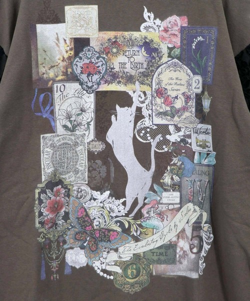 iS ScoLar(イズスカラー)の「563229:黒猫コラージュ柄 袖レース重ねプルオーバー(Tシャツ/カットソー・レディース・オートミール/チャコールグレー/ブラウン・M)」の15枚目の写真