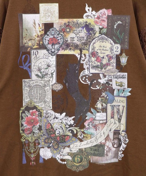 iS ScoLar(イズスカラー)の「563229:黒猫コラージュ柄 袖レース重ねプルオーバー(Tシャツ/カットソー・レディース・オートミール/チャコールグレー/ブラウン・M)」の17枚目の写真