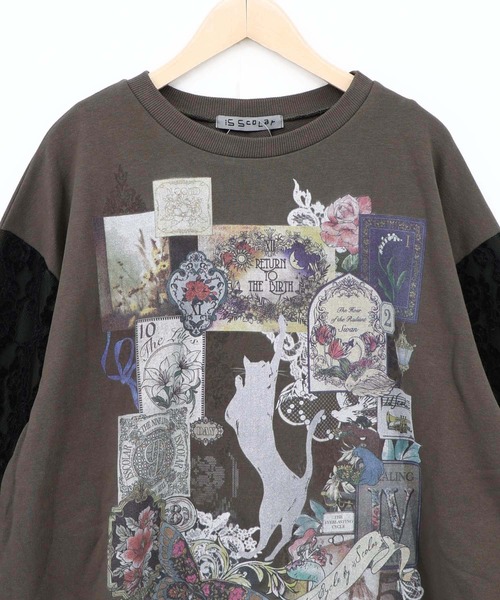iS ScoLar(イズスカラー)の「563229:黒猫コラージュ柄 袖レース重ねプルオーバー(Tシャツ/カットソー・レディース・オートミール/チャコールグレー/ブラウン・M)」の18枚目の写真